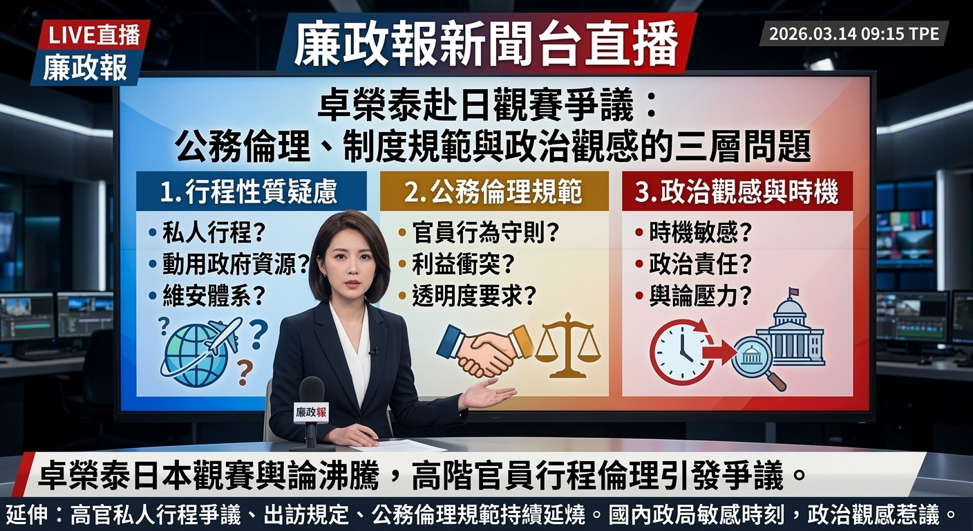 行政院長卓榮泰赴日觀賽爭議：公務倫理、制度規範與政治觀感的三層問題