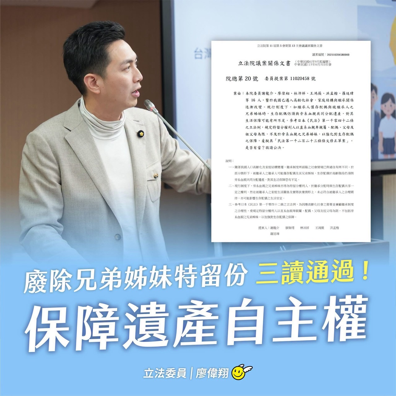 立院三讀修正《民法》　手足特留分刪除　廖偉翔：尊重遺囑自主、減少家產紛爭
