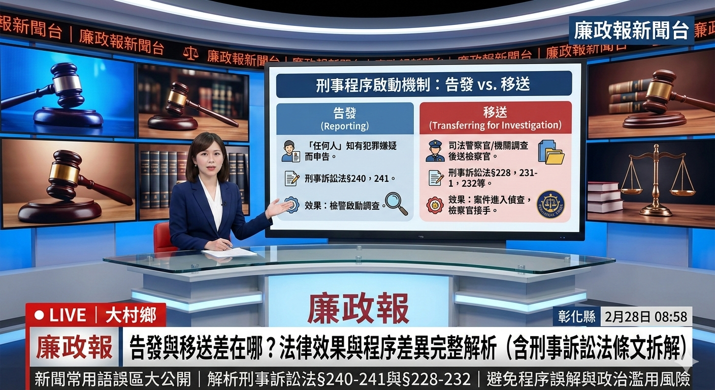 告發與移送差在哪？告發與移送法律效果與程序差異完整解析（含刑事訴訟法條文拆解）